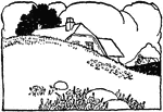 An landscape illustrating a house set behind a hill.