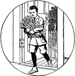 An illustration of a boy carrying an armful of firewood through the front doorway of a house.