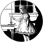 An illustration of a young girl lighting a candle on a table.