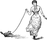 An illustration of a woman walking a cat.