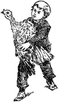 An illustration of a boy holding a turkey.