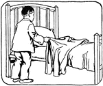 An illustration of a young boy making his bed.