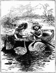 An illustration of two girls in a boat feeding two swans.