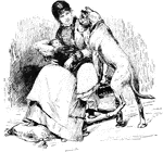 An illustration of a woman holding a baby with a dog jumping up on them.