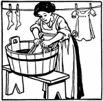 An illustration of a woman scrubbing clothes on a washboard.