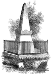 An obelisk shaped grave marker with RIP (rest in peace) inscribed on the front. Marker is surrounded by metal fence. There is a tree behind the monument and leaning tomb stones in front.