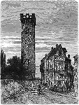 Located in Heilbronn, a city in the north of Baden-Wirttemburg, Germany, is the tower of an old fortress , formerly the donjon-keep. The tower received its name from the fact that a celebrated warrior, Goetz von Berlichingen, was confined there for a short time. Goetz von Berlichingen was elected leader of the peasants who revolted in 1526. During one of his battles his left hand was cut off by a grape-shot. He had a skilful armorer to make him a hand of steel which enabled him to continue his warrior life. His iron hand is still preserved in the little town of Jaxthausen, near Berlichingen.