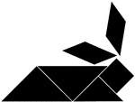 Tangrams, invented by the Chinese, are used to develop geometric thinking and spatial sense. Seven figures consisting of triangles, squares, and parallelograms are used to construct the given shape. This tangram depicts a rabbit lying down.