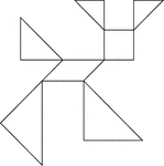 Tangrams, invented by the Chinese, are used to develop geometric thinking and spatial sense. Seven figures consisting of triangles, squares, and parallelograms are used to construct the given shape. This tangram depicts a stylized rabbit.