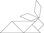 Tangrams, invented by the Chinese, are used to develop geometric thinking and spatial sense. Seven figures consisting of triangles, squares, and parallelograms are used to construct the given shape. This tangram depicts a rabbit lieing down.