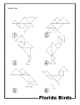 Solutions for outlines of Florida birds (seagull, mocking bird, egret, flamingo, turkey vulture, cormorant) made from tangram pieces. Tangrams, invented by the Chinese, are used to develop geometric thinking and spatial sense. 7 figures consisting of triangles, squares, and parallelograms are used to construct the given shapes.