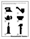 Silhouette outlines of household items (iron, pipe, kettle, cup, candle, hammer) made from tangram pieces. Tangrams, invented by the Chinese, are used to develop geometric thinking and spatial sense. 7 figures consisting of triangles, squares, and parallelograms are used to construct the given shapes.