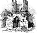 "Gate-tower or Barbican, Walmgate Bar, York, England. In medieval fortification, a tower built beside or over a gate, as of a city, etc., for the purpose of defending the passage." -Whitney, 1911