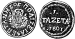 "Gazzetta of the Ionian islands, 1801. A small copper coin, worth about 3 farthings, made in Venice for the Ionian islands." -Whitney, 1911