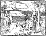 An illustration of three boys playing in front of a small house.