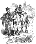 An illustration of a man leading a horse with two children atop.