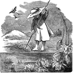 An illustration of a young girl raking.