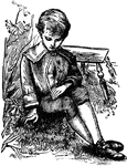 An illustration of a young boy sitting against a tree.