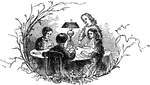 An illustration of a family sitting around a table.