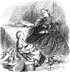 An illustration of a mother sitting in a chair with her daughter sitting at her feet.