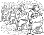 An illustration of a group of identical military officers smoking a pipe.
