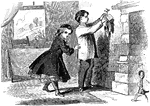 An illustration of a boy and a girl hanging shoes on the wall.