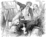 An illustration of two children chasing a dog.