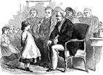 An illustration of a child speaking to a man sitting in a chair.