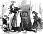 An illustration of a woman cooking while yelling at her daughter.