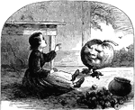 An illustration of a child playing with a pumpkin.