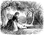 An illustration of a woman taking care of a fallen lamb.