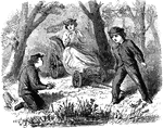 An illustration of children playing in the woods.