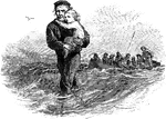 An illustration of a man holding a child while wading in water.