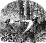 An illustration of a man shooting a wild dog.