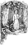 An illustration of a girl standing in the forest.
