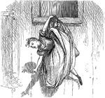 An illustration of a girl hanging from a window.