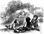 An illustration of children playing in hay.