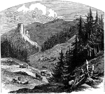 An illustration of a mountainous landscape.