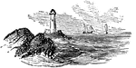 An illustration of a lighthouse in the distance on a rocky shoreline.