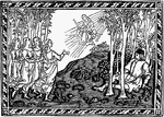 An illustration of a angel in the sky above a forest appearing to people.
