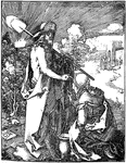 An illustration of a man kneeling in front of another.
