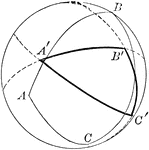 Diagram showing a spherical triangle constructed by the intersection of polar arcs.