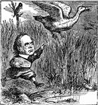 Nast's political cartoon entitled, "A wild-goose Chase" of Chief-Justice Chase trying to capture the Democratic Convention of 1868.