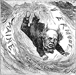 A political cartoon of Horatio Seymour, an American politician. Seymour was governor from New York from 1853-1854 and 1863-1864. The caricature depicts Seymour as the Democratic Party nominee for President of the United States for the election of 1868 and how it "plunged him into a sea of troubles." Seymour lost the election to Republican Ulysses S. Grant.