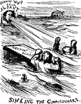 Nast's shadows of forthcoming events predicted the sinking of the commissioners. Nast depicts New York corruption under Tammany Hall Ring.