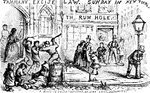 Nast depicts New York corruption under Tammany Hall Ring. Nast's shadows of forthcoming events predicted Tammany excising the law at the Rum Hole. A board of excise appointed by some local authority.