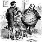 Nast depicts New York corruption as Tammany Hall contemplates Mayor Hoffman's Presidential bid. Hoffman: "It will be very difficult to sit on both of those stools at once. You know the Proverb, Boss!" Boss Tweed: "If you were blessed with my Figure, you could manage it."
