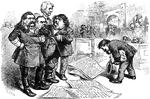 The Greenback Group (Pro-Inflation) made up of Senators Logan, Morton, Cameron, and Carpenter shown as "peevish schoolboys."