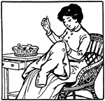 An illustration of a woman sewing clothes while sitting in a chair.