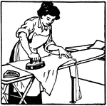 An illustration of a woman ironing clothes on an ironing board.